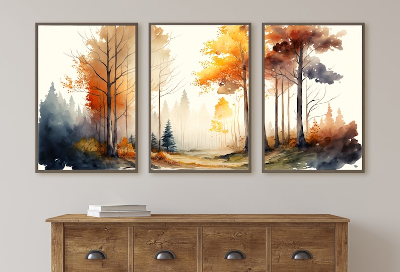 Fall Watercolor Forest Landscape. Printable Wall Art. Set of 3 Prints ...