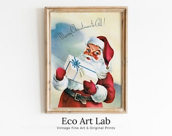 Merry Christmas Card Vintage Santa Claus Illustration. Retro Christmas Print. Printable Wall Art. Instant Download Christmas Art Print