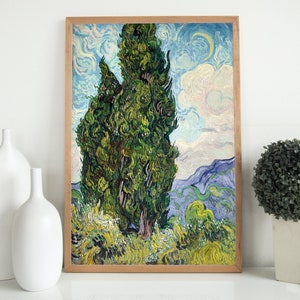 May include: A painting of two tall, green cypress trees against a blue sky with white clouds. The trees are painted in a thick, textured style, characteristic of Vincent van Gogh's work.