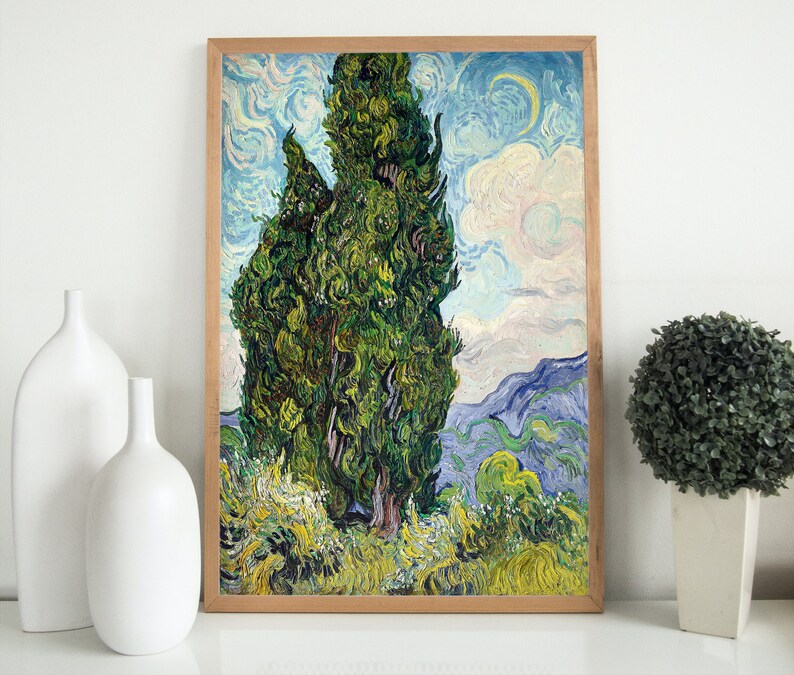 May include: A painting of two tall, green cypress trees against a blue sky with white clouds. The trees are painted in a thick, textured style, characteristic of Vincent van Gogh's work.