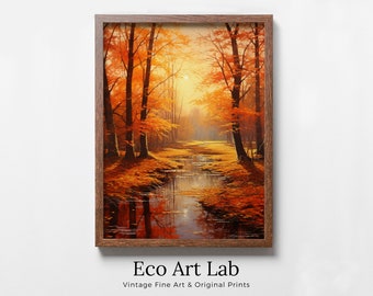 Forest River in the Fall Landscape Painting. Printable Vertical Wall Art. Home or Office Decor. Nature Print Autumn Art. Instant Download