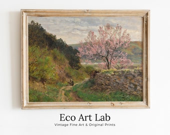 Vintage Spring Landscape Painting. Almond Blossom PRINTABLE Country Field Decor. Rustic Landscape. Farmhouse Wall Art Print. Nature Art