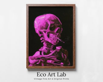 Pink Van Gogh Print Skull Wall Art Poster. Instant Download Printable Wall Art Skeleton Smoking Cigarette Print. Famous Skull Print.
