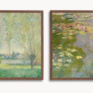 May include: Two framed paintings, one depicting a green landscape with a river and trees, the other showing a pond with water lilies and pink flowers.