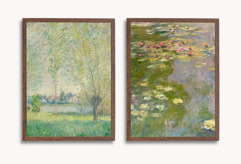 May include: Two framed paintings, one depicting a green landscape with a river and trees, the other showing a pond with water lilies and pink flowers.