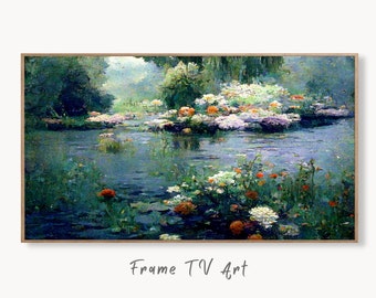 Samsung Frame TV Art 4K Flowers on River Monet Inspired Digital Painting. Instant Download Landscape Wall Art for Frame TV. Botanical Decor