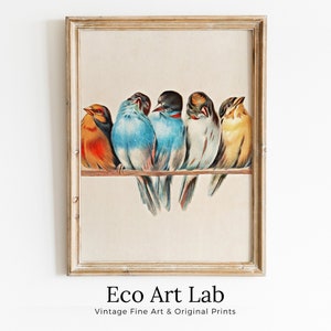 Cuadro de pájaros. Cuadro vintage de pájaros posados en una rama. Arte mural imprimible de descarga instantánea. Impresiones de arte mural con decoración de pájaros. Póster de pájaros