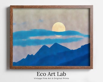 Abstract Blue Mountain & Moon Landscape Wall Art Print. Office Decor Poster. Instant Download Printable Wall Art. Abstract Landscape
