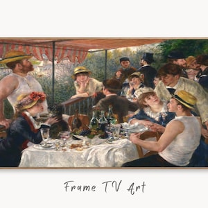 May include: A painting depicting a group of people gathered around a table outdoors, enjoying a meal. The scene is set in a garden with lush greenery and a striped awning overhead. The people are dressed in late 19th-century clothing, and there are bottles of wine and glasses on the table.