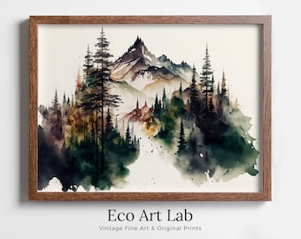 Mountain Landscape Forest Art. Watercolor Forest Printable. Printable Wall Art. Green Forest Trees Painting Print. Digital Art. Nature Decor