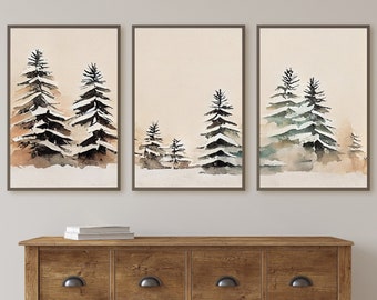 Snowy Forest Watercolor Painting. Set of 3 Prints. Winter Forest Landscape Printable. Printable Wall Art. 3 Piece Wall Art. Gallery Wall Set