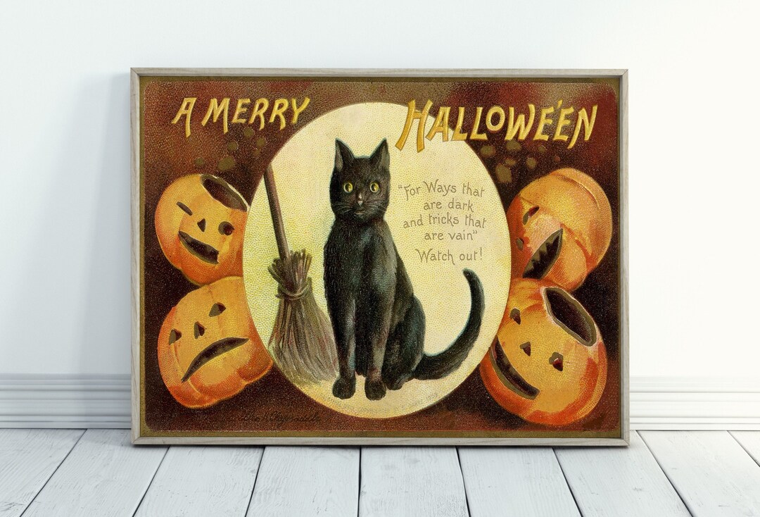Antique Halloween Cat Postcard Printable Wall Art. Vintage Retro