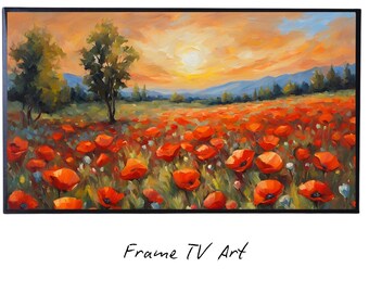 Poppy Field Art For Frame TV. Wildflowers Decor For Samsung Frame TV. Modern Landscape 4K Image For Artistic Display