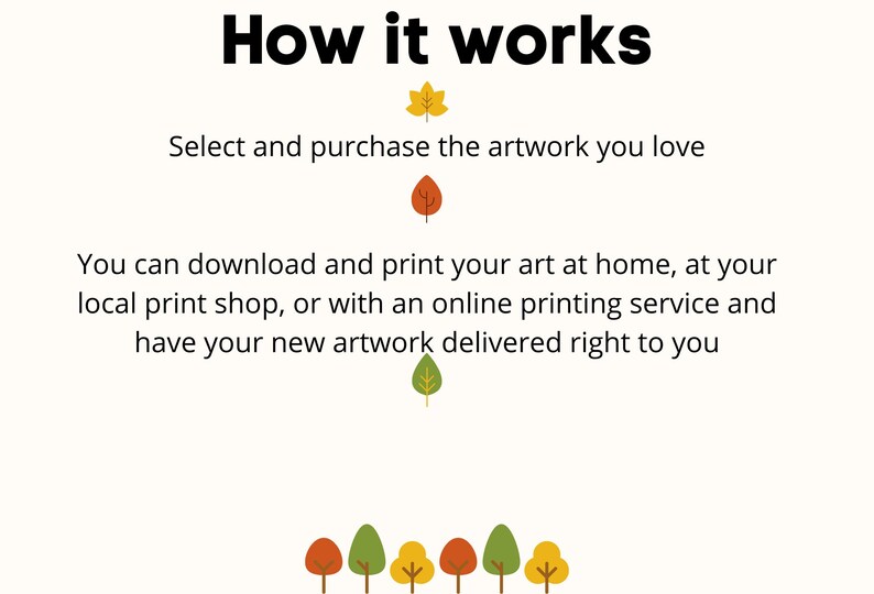 Image providing information about how it works: You can download and print your art at home, at your local printshop, or with an online printing service.