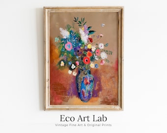 Bouquet of Flowers Still Life Printable Vintage Painting. Flower Vase Still Art Vintage Print, Antique Retro Style Colorful Instant Download