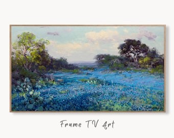 Samsung Frame TV Art 4K Blue Bonnets Vintage Spring Landscape Painting. Instant Download Bluebonnets Field Landscape. Wall Art for Frame TV