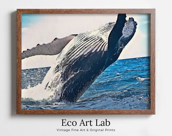 Jumping Whale Digital Painting Wall Art. Whale Printable Wall Art, Instant Download Ocean Art, Digital Print Whale Poster. Whale Art Print