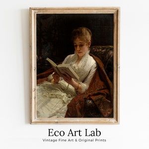 Porträt einer lesenden Frau. Druckbares Vintage Bild. Antikes Ölgemälde. Print einer lesenden Frau. Stimmungsvolle Bibliothekskunst. Druckbare Kunst