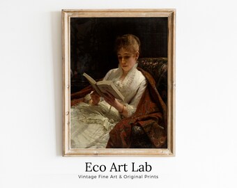 Portrait of a Woman Reading. Vintage Printable Painting. Antique Oil Painting. Woman Reading Print. Moody Library Artwork. Printable Art
