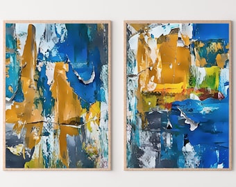 Bold Blue Abstract Painting Set of 2 Prints. Colorful Printable Wall Art, Abstract Digital Download. Modern 2 Piece Wall Art Prints