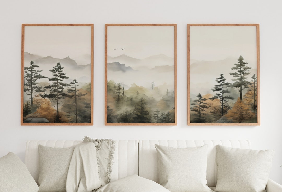 Fall Forest & Mountain 3 Piece Wall Art | Watercolor Autumn Landscape ...