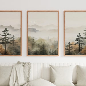 Herbst Wald & Berg 3-teilige Wandkunst | Aquarell Herbst Landschaft | Abstrakte Natur Poster | Modernes Minimal Dekor | Kiefernwald Wall Art