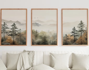 Fall Forest & Mountain 3 Piece Wall Art | Watercolor Autumn Landscape | Abstract Nature Print | Modern Minimal Decor | Pine Forest Wall Art