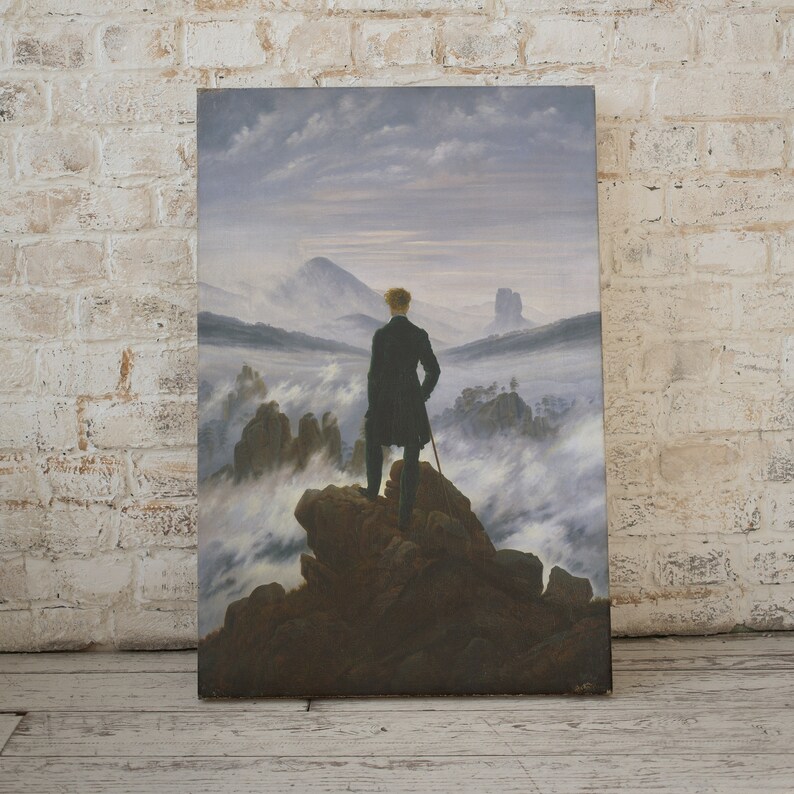 May include: A painting depicting a lone figure standing on a rocky outcrop overlooking a sea of clouds. The figure is dressed in a dark coat and hat, and is holding a walking stick. The clouds are swirling and billowing, and the sky is a pale blue. The painting is a classic example of Romanticism, and is known for its dramatic use of light and shadow.
