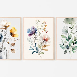 Botanical Print Set of 3. Watercolor Gallery Wall Art. Floral Printable Line Art. Wild Flowers Bouquet Art. Minimal Boho Floral Prints. #2