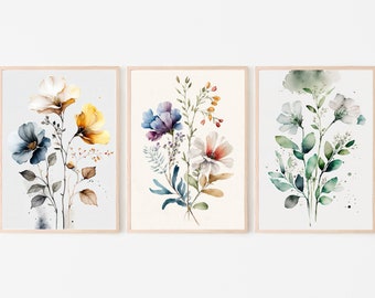 Botanical Print Set of 3. Watercolor Gallery Wall Art. Floral Printable Line Art. Wild Flowers Bouquet Art. Minimal Boho Floral Prints. #2