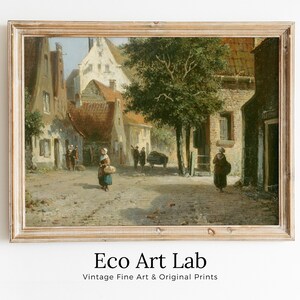 Vintage Country Oil Painting, Rustic European Village Print. Antique Painting Street Scene Village Road Print. Vintage Landscape Wall Art