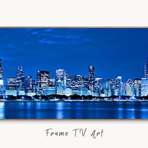 Descarga digital de arte de la silueta del horizonte de Chicago por la noche para TV con marco Samsung, arte digital para TV, arte colorido para TV con marco