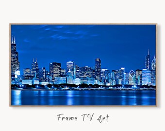 Samsung Frame TV Art of Chicago Skyline At Night Digital Download, Digital Art for Tv, Colorful Frame TV Art