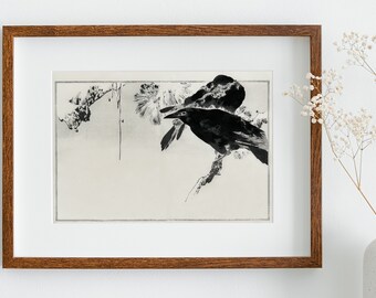 日本画 枝にとまるカラス ヴィンテージウォールアート 印刷用ポスター