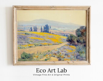 Country Field Soft Colors Watercolor Painting. California Spring Landscape. Spring Painting Vintage Landscape Print. Farmhouse Country Print