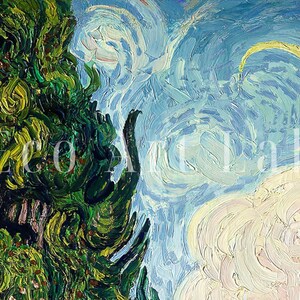 May include: A painting of a crescent moon in a blue sky with white clouds. The sky is painted with thick, swirling strokes of blue, white, and yellow paint. A dark green tree is on the left side of the painting.