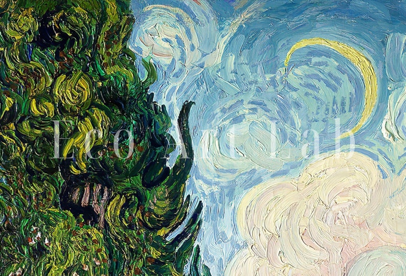 May include: A painting of a crescent moon in a blue sky with white clouds. The sky is painted with thick, swirling strokes of blue, white, and yellow paint. A dark green tree is on the left side of the painting.