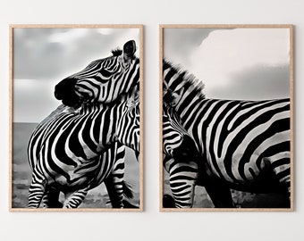 Zebra Love Black and White Set of 2 Prints. Printable Wall Art Zebra Digital Print 2 Piece Wall Art. Instant Download Safari Animals Print