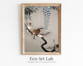 Antique Vintage Japanese Art. Old Famous Ring Sparrow Japanese Painting. Vintage Bird Art Print. Downloadable Japanese Poster. Printable Art