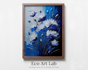 Abstract Flower Printable Wall Art. Texture Modern Flower Painting. Blue Flower Print. Textured Blue Floral Wall Decor. Instant Download