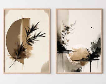 Set of 2 Modern Minimalist Abstract Printable Wall Art. Black & Beige Wabi Sabi Abstract Prints, Zen Gallery Wall, Neutral Japandi Wall Art