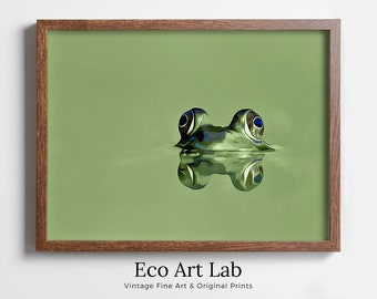 Green Frog Sitting in Pond Wall Art Print. Frog Art Instant Download Green Animal Nursery Printable Art. Digital Painting Nursery Wall Art