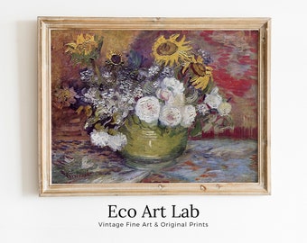 Bowl With Sunflowers & Roses Painting, Famous van Gogh Art Print. Instant Download Printable van Gogh Fine Art. Vintage Still Life Painting