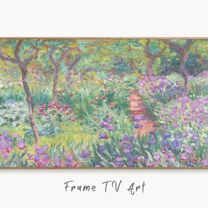 May include: A painting of a garden with a path leading through it. The garden is filled with purple and pink flowers, and there are trees on either side of the path.