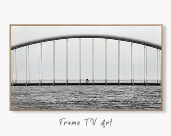Cyclist on Bridge Black and White Frame TV Art. Digital Download Wall Art, Artwork for The Frame TV, Architecture Art for Samsung Frame