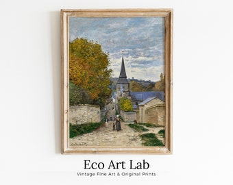 Vintage Country Painting, Rustic European Village Print. Claude Monet Painting Street Scene Village Road Print. Vintage Landscape Wall Art