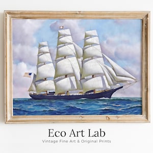 American Clipper Ship at Full Sail, Sailboat Print, Printable Wall Art Prints, Digital Print Nautical Wall Decor Vintage Wall Art Boat Print