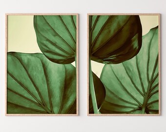 Green Tropical Leaf Set of 2 Prints. Leaf Painting Instant Download Printable Wall Art. Tropical Home Decor 2 Piece Wall Art