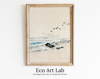 Vintage Minimalist Beach Japanese Painting Printable Wall Art. Instant Download Antique Japanese Art. 19th Century Japanese Vintage Wall Art