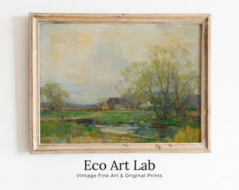 Country Field PRINTABLE. Spring Meadow Landscape Painting. Vintage Landscape Print. Farmhouse Decor. Antique Rustic Field Print